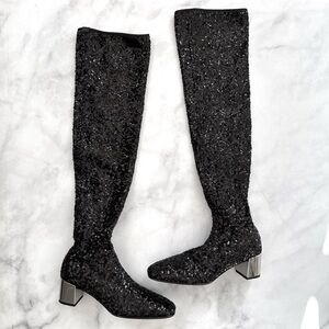 NEW Roger Vivier Sequin OTK Over the Knee Low Block Heel Sock Boots Black 35